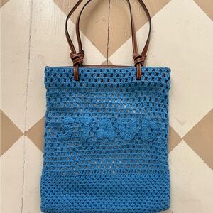 STAUD Blue Crochet Tote Bag